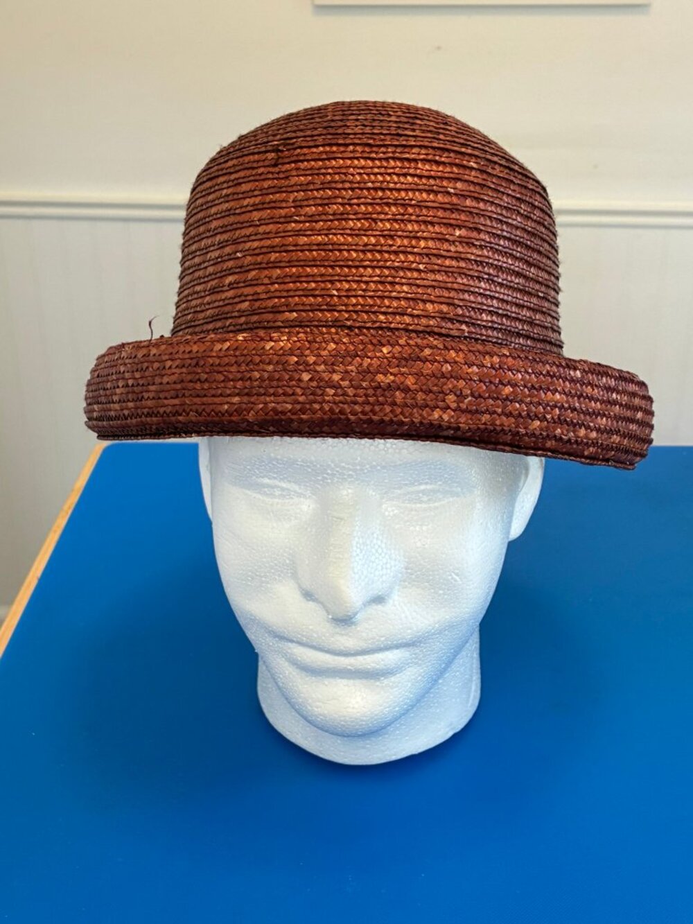 Hastings & Smith Straw Cloche Bowler Hat Brown Copper Rolled Brim Vintage O/S